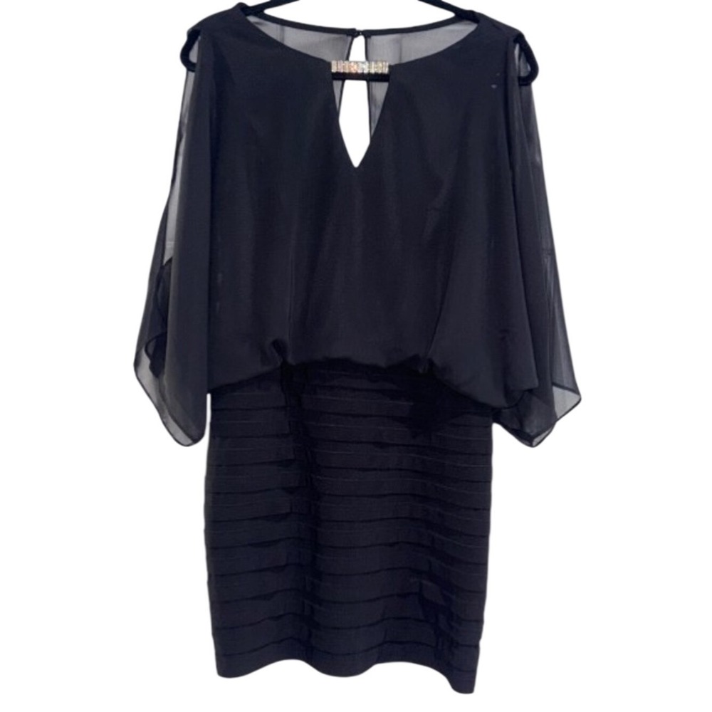CACHE Sheer Cape Sleeve Bandage Cocktail Dress Rhinestone Keyhole Neck | Sz‎ 4